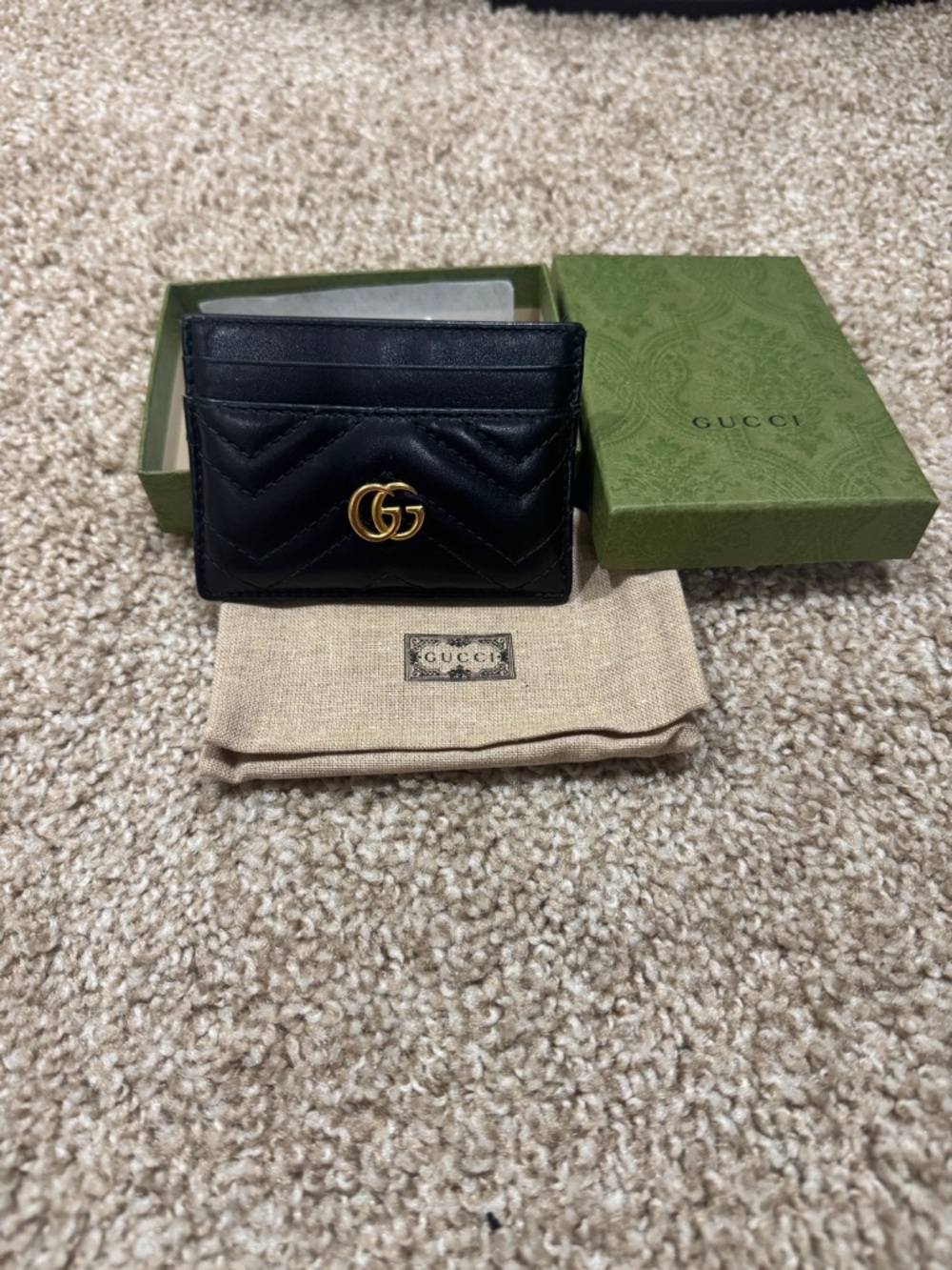 Gucci Black Quilted Leather GG Logo Card Holder with Gold Hardware